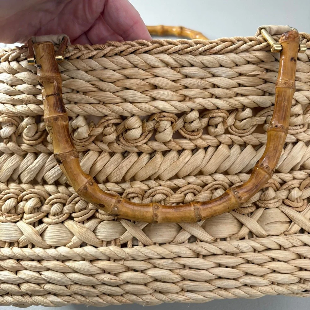 Cappelli Straworld Woven Straw Handbag Bamboo Handle Palm Tree Lining Tan Boho